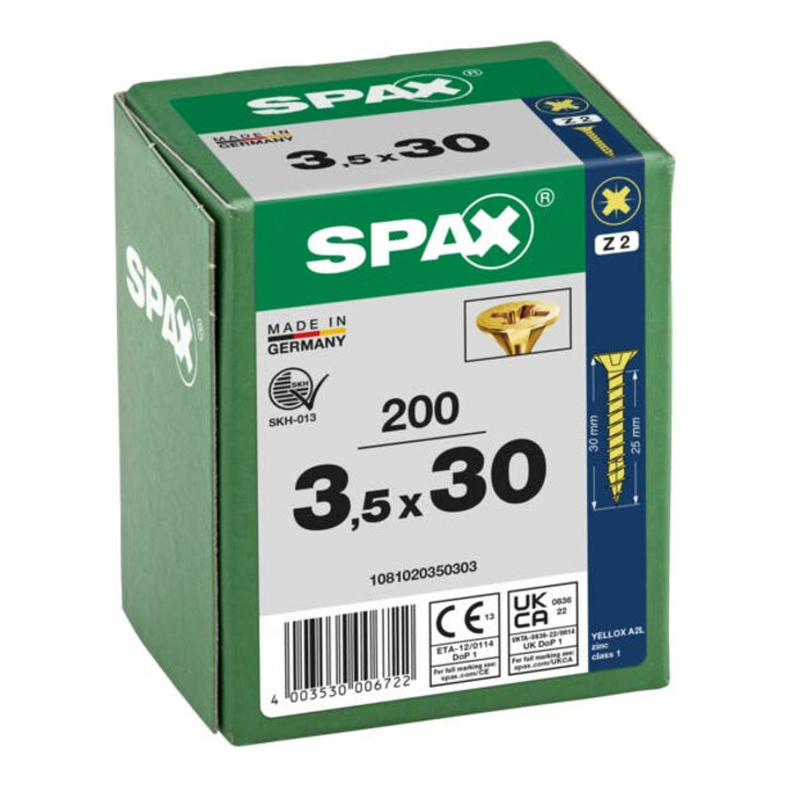 Spax Universalschraube 3,5 x 30 mm Senkkopf Kreuzschlitz Z Vollgewinde 4CUT YELLOX A2L