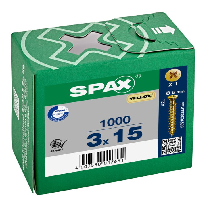 Spax Universalschraube 3 x 15 mm kleiner Senkkopf Kreuzschlitz Z Vollgewinde S-Spitze YELLOX A2L