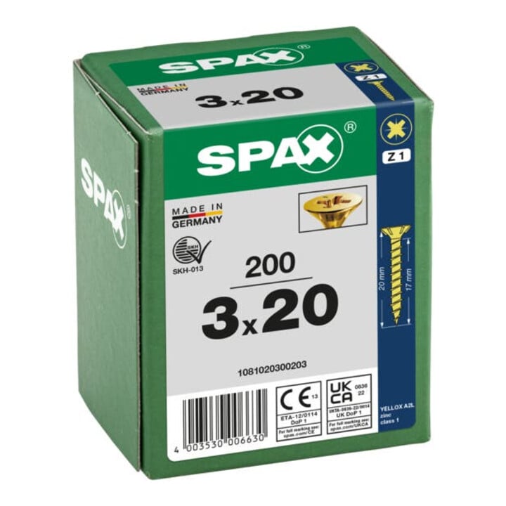 Spax Universalschraube 3 x 20 mm Senkkopf Kreuzschlitz Z Vollgewinde S-Spitze YELLOX A2L