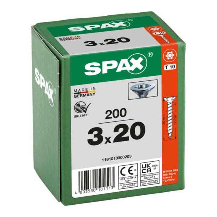 Spax Universalschraube 3 x 20 mm Senkkopf T-STAR plus Vollgewinde S-Spitze WIROX A3J