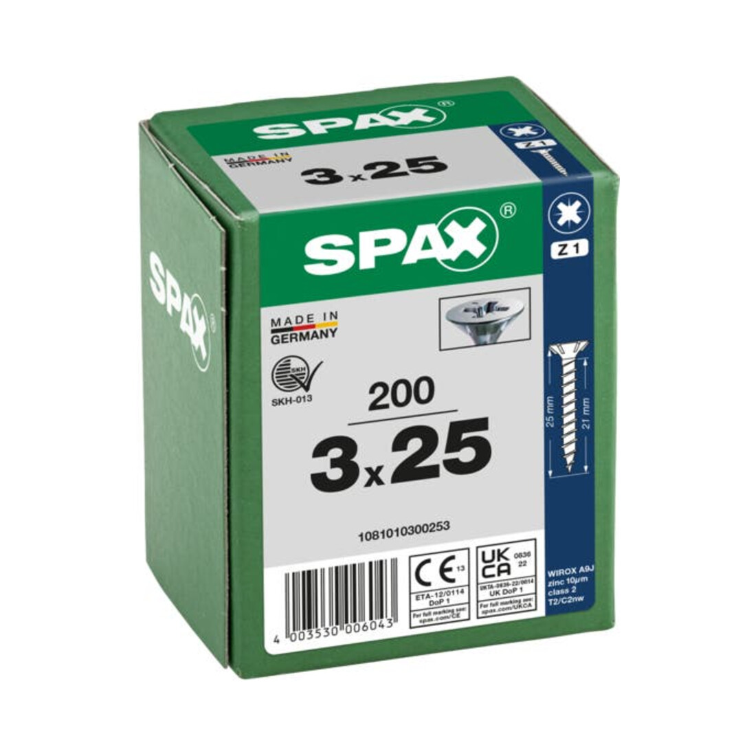 Spax Universalschraube 3 x 25 mm Senkkopf Kreuzschlitz Z Vollgewinde S-Spitze WIROX A3J