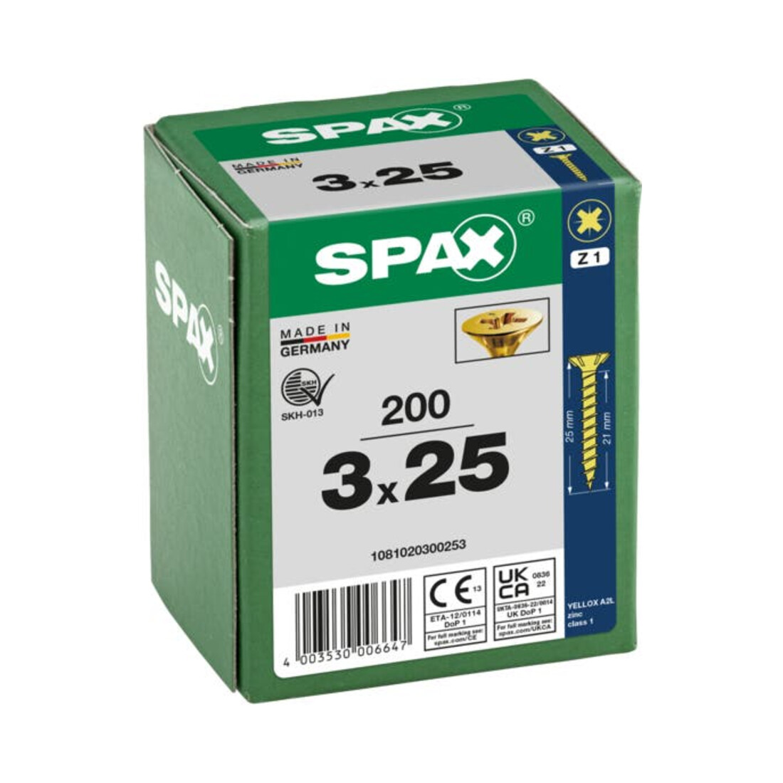 Spax Universalschraube 3 x 25 mm Senkkopf Kreuzschlitz Z Vollgewinde S-Spitze YELLOX A2L