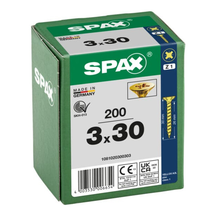 Spax Universalschraube 3 x 30 mm Senkkopf Kreuzschlitz Z Vollgewinde S-Spitze YELLOX A2L