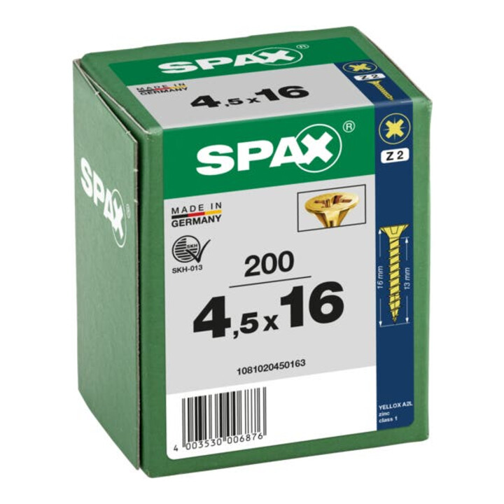Spax Universalschraube 4,5 x 16 mm Senkkopf Kreuzschlitz Z Vollgewinde 4CUT YELLOX A2L