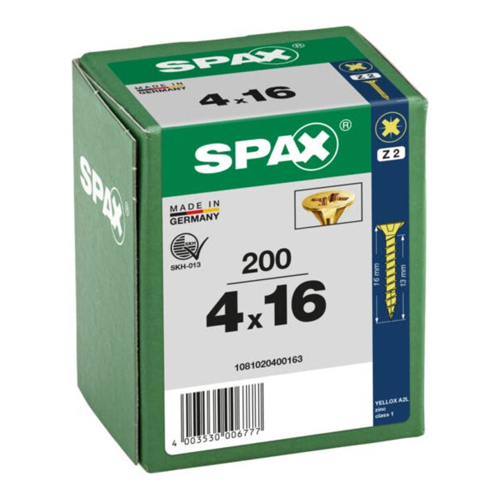Spax Universalschraube 4 x 16 mm Senkkopf Kreuzschlitz Z Vollgewinde 4CUT YELLOX A2L
