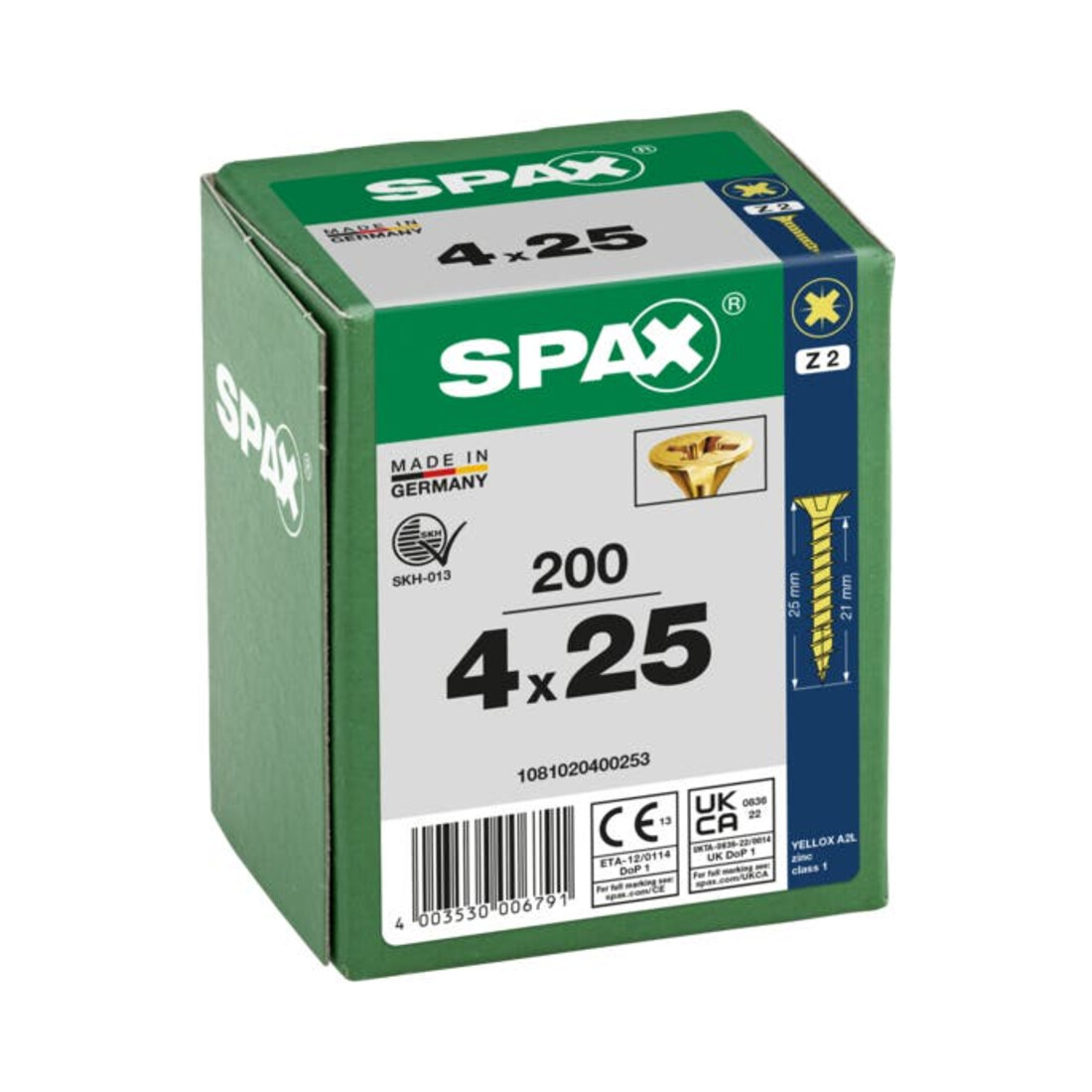 Spax Universalschraube 4 x 25 mm Senkkopf Kreuzschlitz Z Vollgewinde 4CUT YELLOX A2L