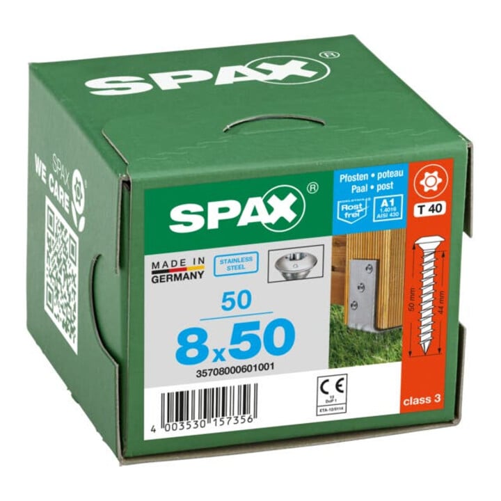 Spax Vis à poteau 8 x 50 mm Tête centrée T-STAR plus Filetage complet Pointe CUT Inox anti-rouille