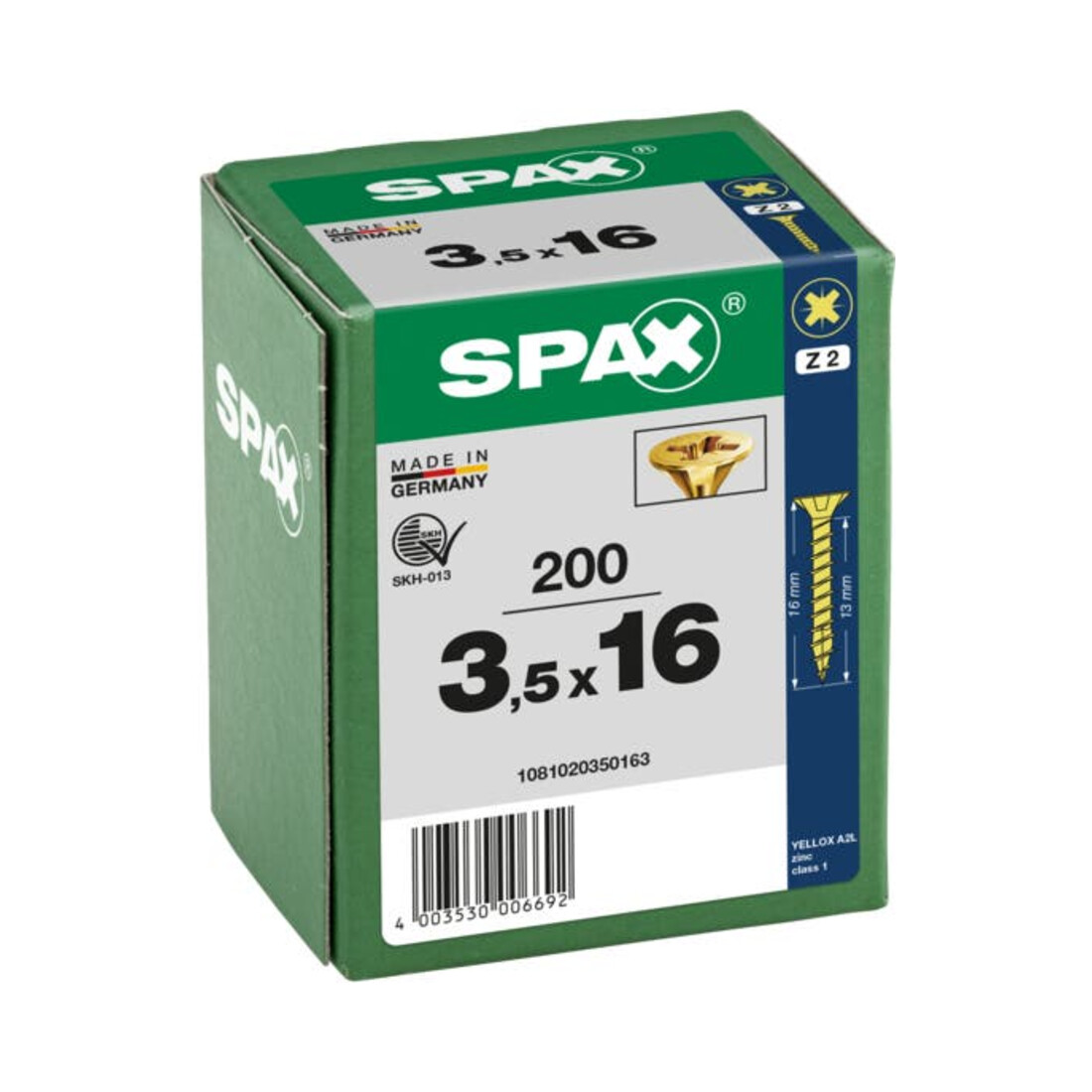 Spax Vis universelle 3,5 x 16 mm Tête fraisée Pozidriv Z Filetage total 4CUT YELLOX A2L