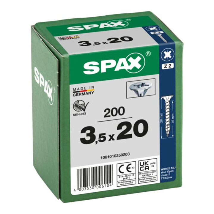 Spax Vis universelle 3,5 x 20 mm Tête fraisée Pozidriv Z Filetage total 4CUT WIROX A3J