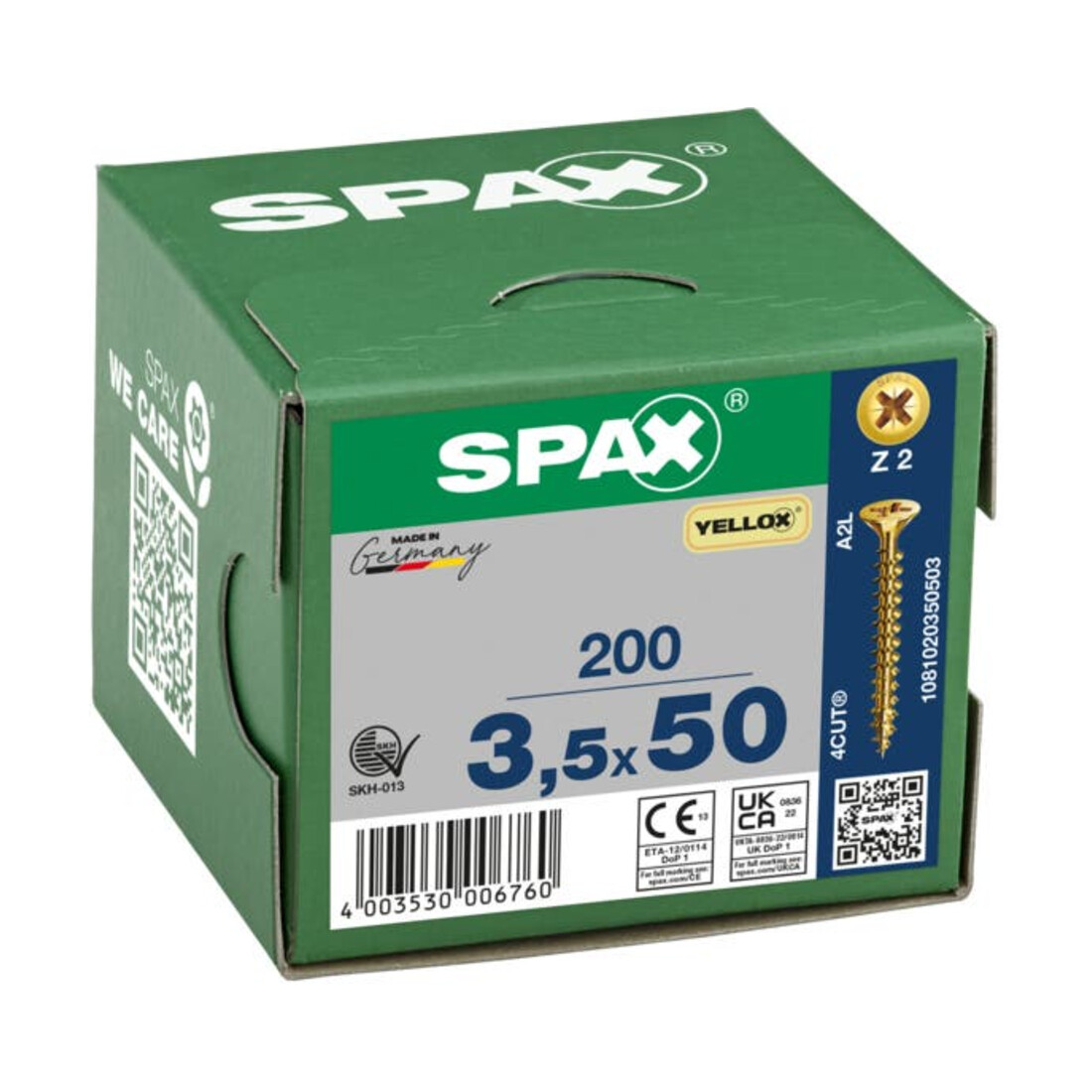 Spax Vis universelle 3,5 x 50 mm Tête fraisée Pozidriv Z Filetage complet 4CUT YELLOX A2L
