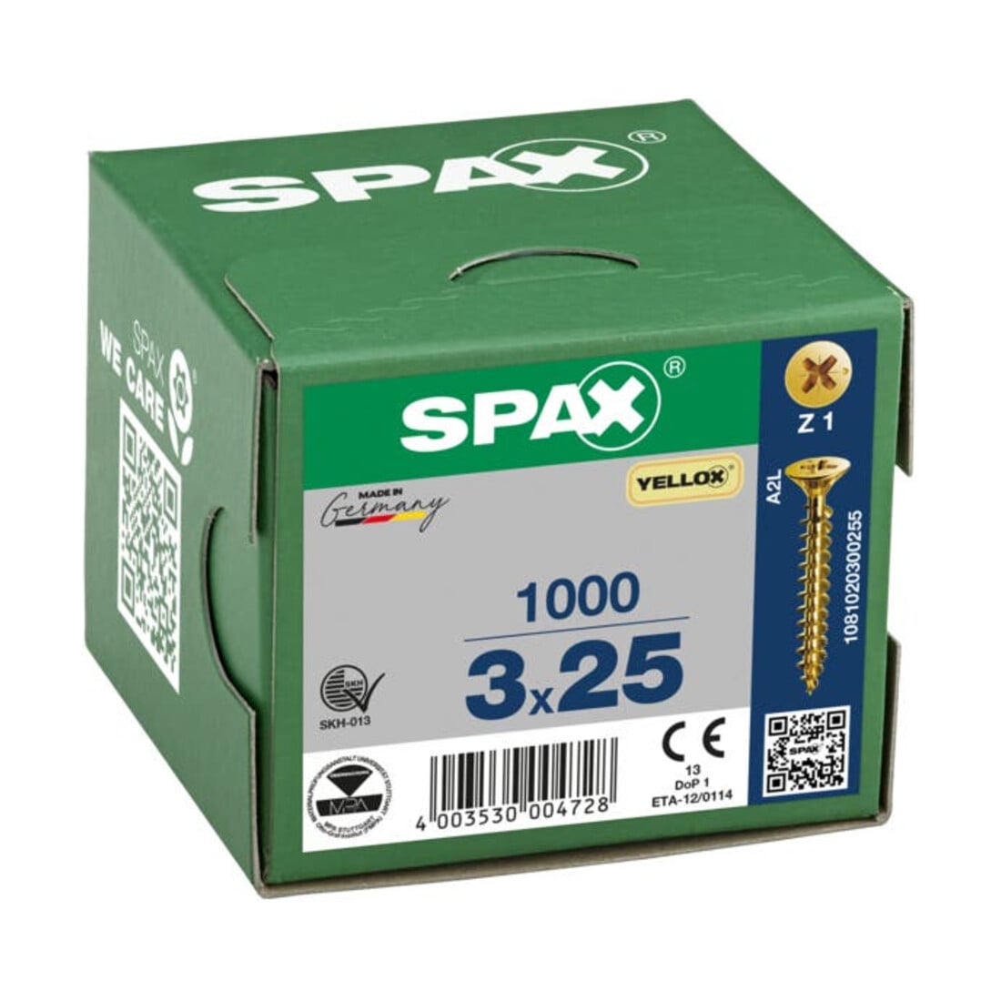 Spax Vis universelle 3 x 25 mm Tête fraisée Pozidriv Z Filetage complet Pointe S YELLOX A2L