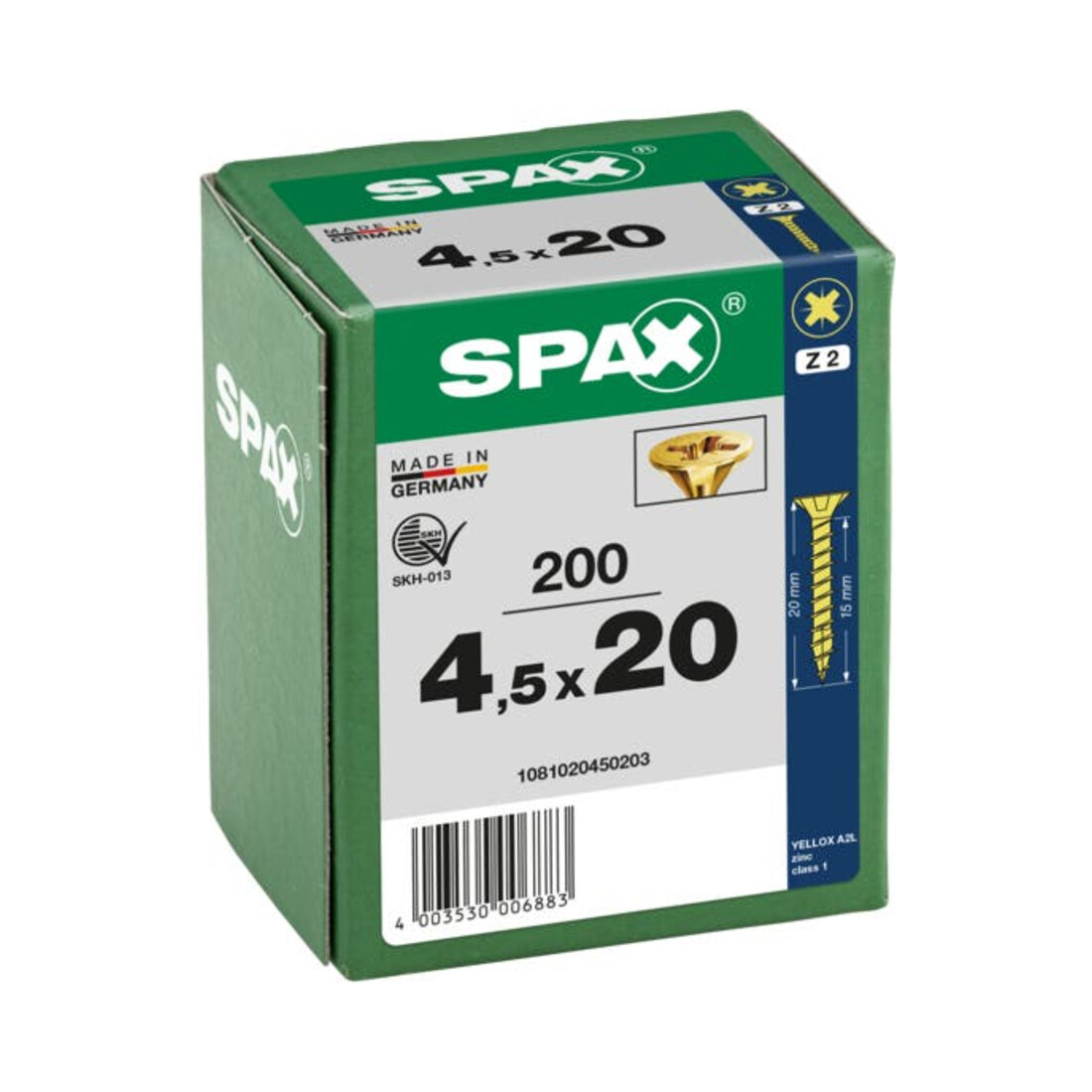 Spax Vis universelle 4,5 x 20 mm Tête fraisée Pozidriv Z Filetage complet 4CUT YELLOX A2L