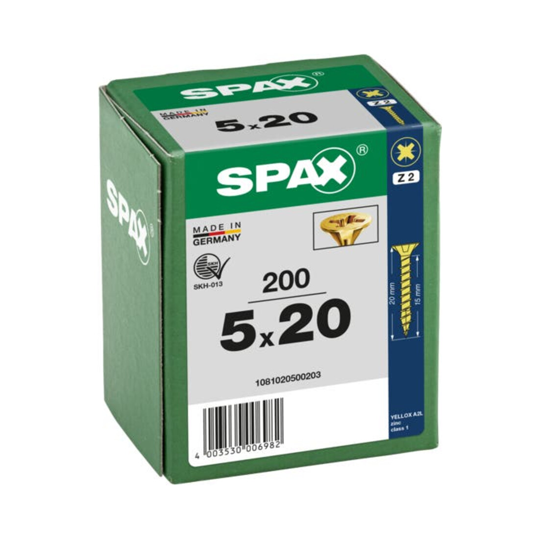 Spax Vis universelle 5 x 20 mm Tête fraisée Pozidriv Z Filetage total 4CUT YELLOX A2L