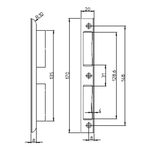 SSF Plaque de fermeture W 170x20x8 mm Entrée sans fixation Acier inoxydable