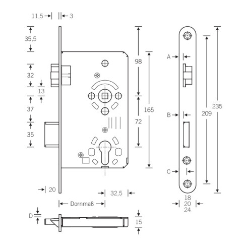 SSF Serrure à encastrer 24, PZW72/8, D65 F20x235rd ER, DL