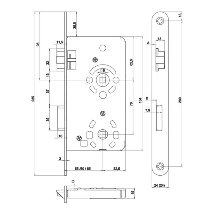 SSF Serrure à encastrer pour porte intérieure BAD 20/55/78/8mm DIN L VA rd Cl 3