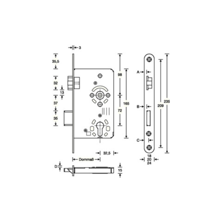 SSF Serrure de porte d'entrée à mortaiser PZW 20/ 55/72/8mm DIN R VA rd Kl 3