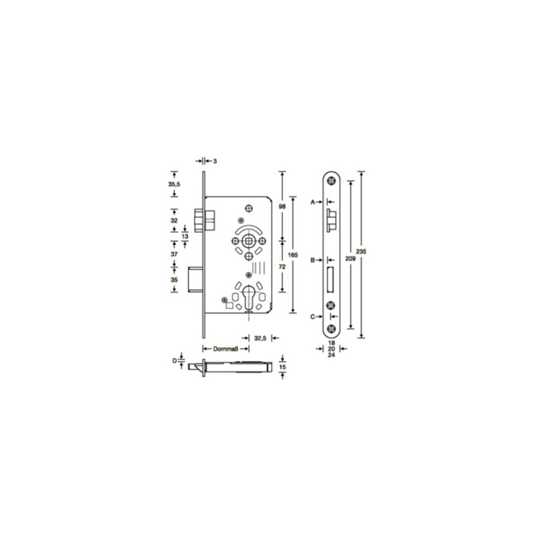 SSF Serrure de porte d'entrée à mortaiser PZW 20/ 55/72/8mm DIN R VA rd Kl 3