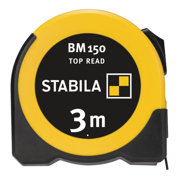 STABILA Mètre ruban BM 150, 3 m, ruban métrique, fenêtre de lecture, boîtier ABS incassable, crochet mobile, clip ceinture, précision MID