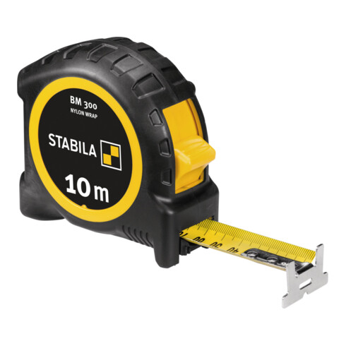 STABILA Mètre ruban BM 300, 10 m, double échelle métrique, boîtier PC/ABS incassable, crochet SPIKES, ruban acier gainé nylon, clip ceinture, précision moyenne