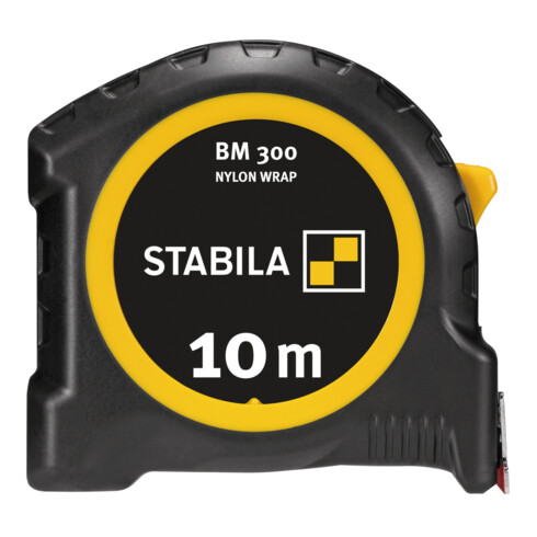 STABILA Mètre ruban BM 300, 10 m, double échelle métrique, boîtier PC/ABS incassable, crochet SPIKES, ruban acier gainé nylon, clip ceinture, précision moyenne