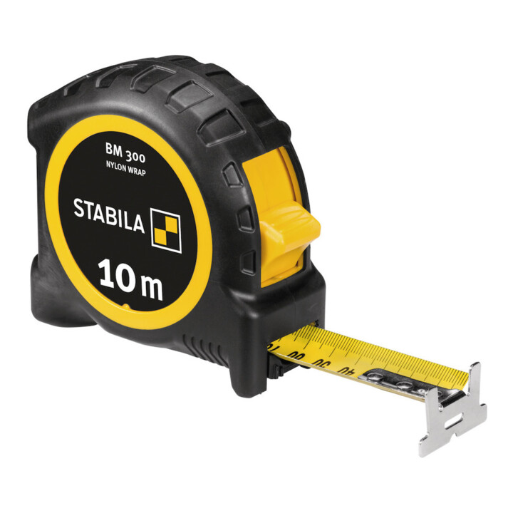 STABILA Mètre ruban BM 300, 10 m, double échelle métrique, boîtier PC/ABS incassable, crochet SPIKES, ruban acier gainé nylon, clip ceinture, précision moyenne