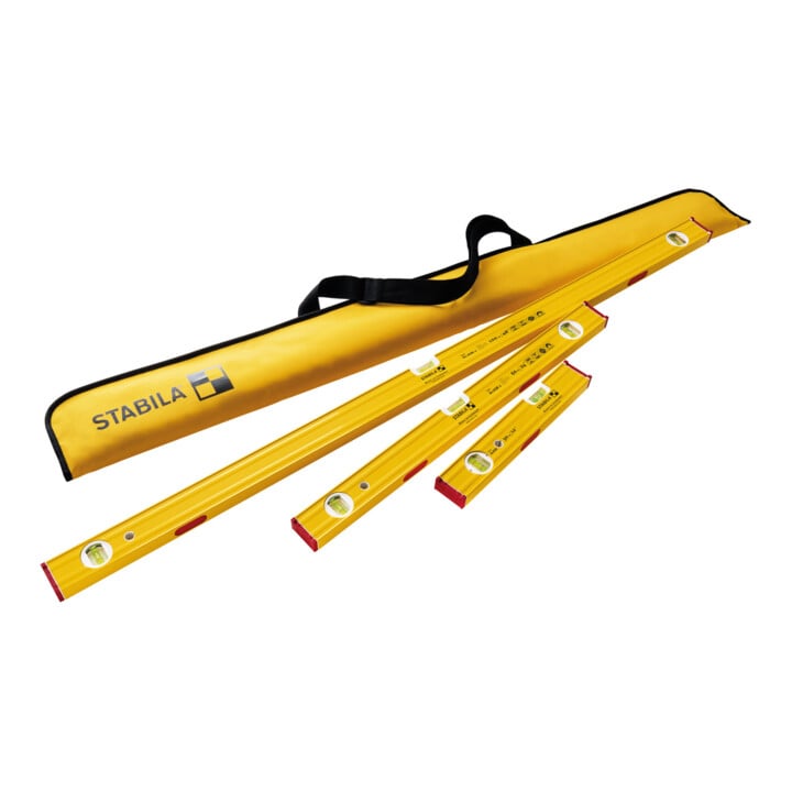STABILA PRO SET 80 ASM, 4-teiliges Magnet-Wasserwaagen-Set: 120 cm / 60 cm / 30 cm / Tasche, verstärktes Alu-Profil, extrastarkes Seltenerd-Magnetsystem, integrierte Rutsch-Stopper, Made in Germany