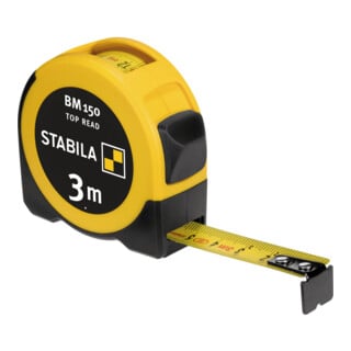 STABILA Taschenbandmaß BM 150, 3 m, Maßband mit metrischer Skala, Sichtfenster für Direktablesung, bruchsicheres ABS-Gehäuse, beweglicher Anfangshaken, Gürtel-Clip, MID-Genauigkeit