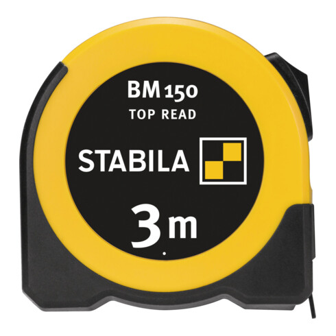 STABILA Taschenbandmaß BM 150, 3 m, Maßband mit metrischer Skala, Sichtfenster für Direktablesung, bruchsicheres ABS-Gehäuse, beweglicher Anfangshaken, Gürtel-Clip, MID-Genauigkeit