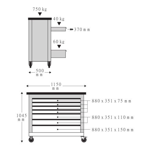 Stahlwille Établi mobile WB 625 7 tiroirs anthracite, RAL 7016 L.500mm x l.1500mm x H.1045mm