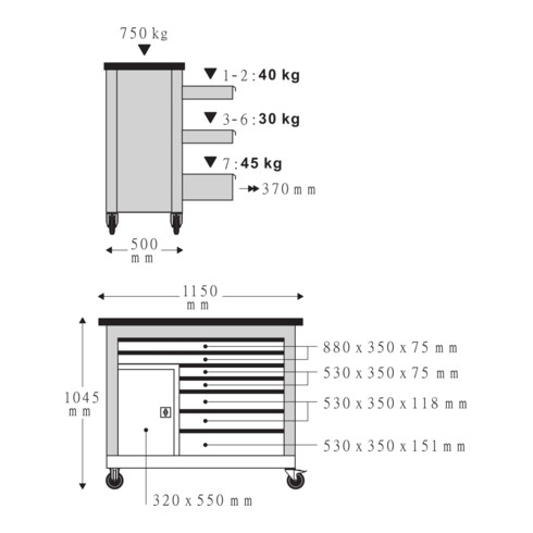 Stahlwille Mobile Werkbank WB 621 7 Schubl. anthrazit, RAL 7016; schwarz, RAL 9005 L.500mm x B.1150mm x H.1045mm
