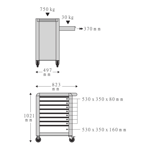 Stahlwille Werkstattwagen 95/8 PRO 8 Schubl. 496 x 827 x 1020 mm blau, RAL 270 30 35; schwarz RAL 9005