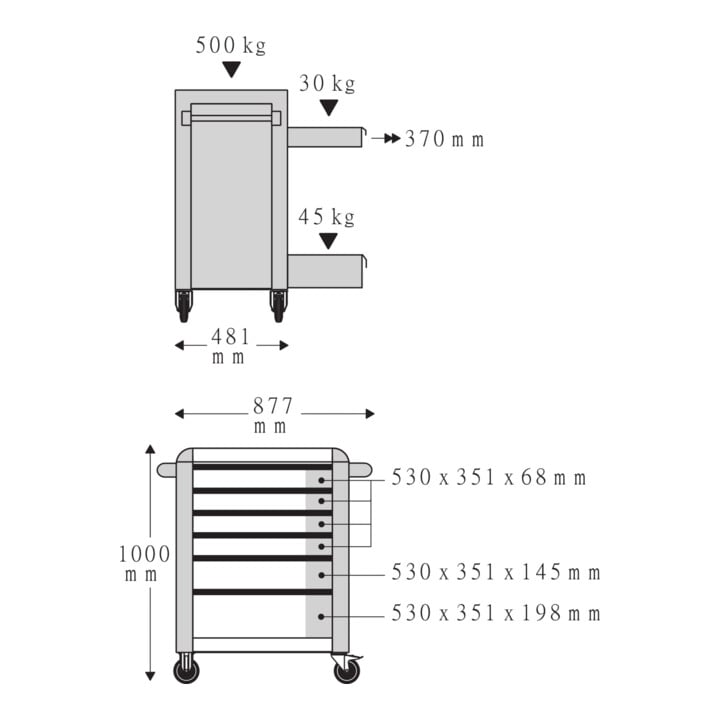 Stahlwille Werkstattwagen TTS 93/6 B 6 Schubl. 481 x 877 x 1000 mm blau, RAL 2703035; schwarz RAL 9005
