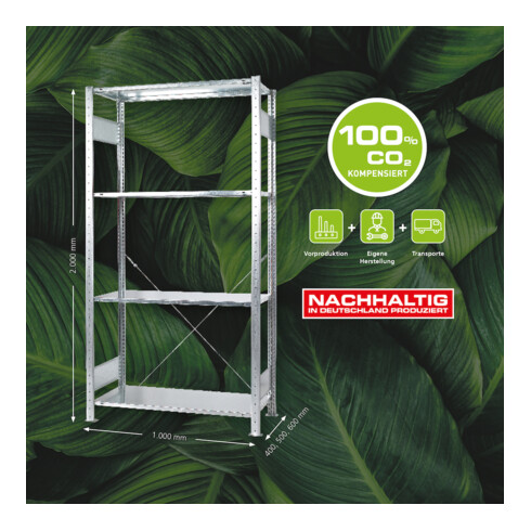 Steckregal H2000xB1000xT600mm Anbaur.erz.1Rahmen,4Fbd.Trgf.150kg Feldl.1300kg