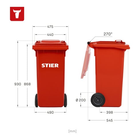 STIER 2-Rad-Müllgroßbehälter 120 l rot BxTxH 475x550x930 mm