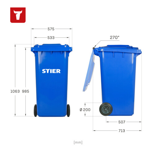 STIER 2-Rad-Müllgroßbehälter 240 l blau BxTxH 576x720x1067 mm