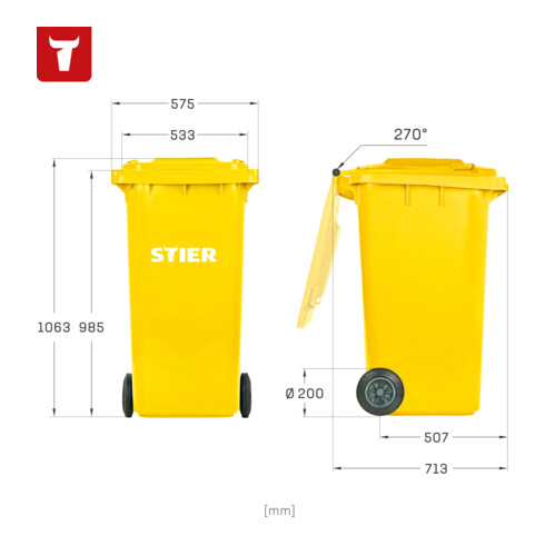 STIER 2-Rad-Müllgroßbehälter 240 l gelb BxTxH 576x720x1067 mm