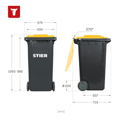 STIER 2-Rad-Müllgroßbehälter 240 l grau/gelb BxTxH 576x720x1067 mm