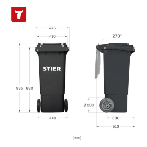 STIER 2-Rad-Müllgroßbehälter 80 l grau BxTxH 445x520x939 mm