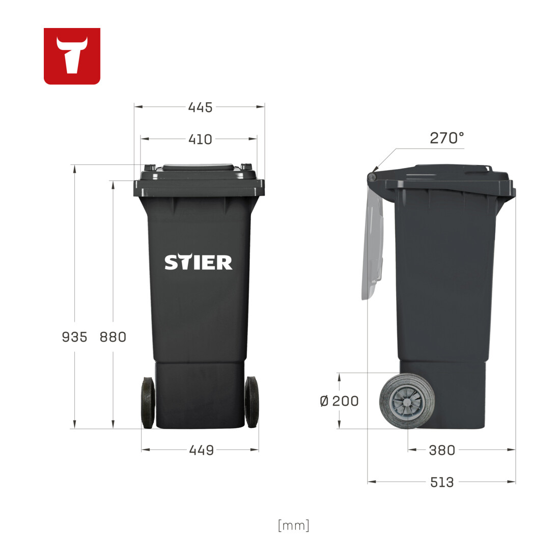 STIER 2-Rad-Müllgroßbehälter 80 l grau BxTxH 445x520x939 mm