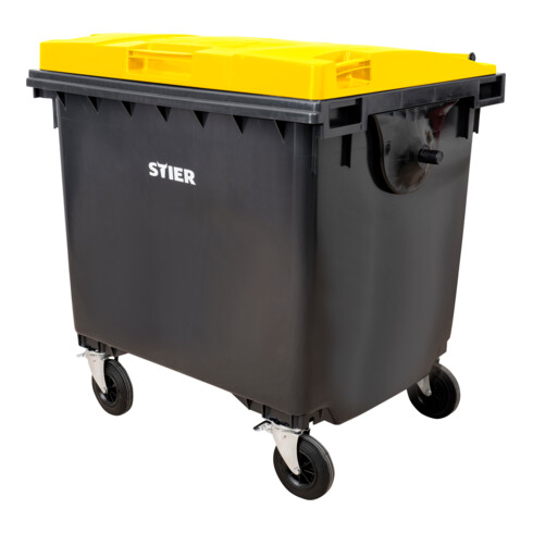 STIER 4-Rad-Müllgroßbehälter 1100 l grau/gelb Flachdeckel BxTxH 1372x1065x1315 mm
