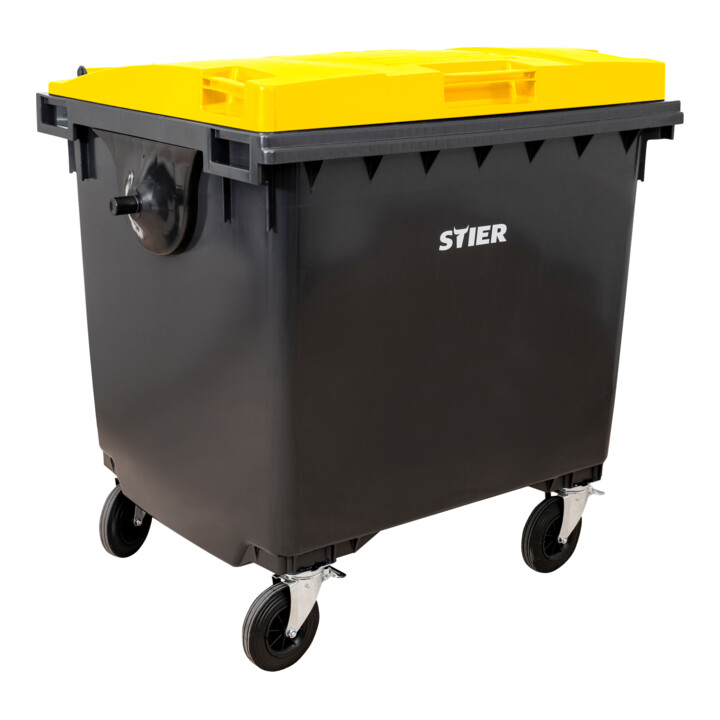 STIER 4-Rad-Müllgroßbehälter 1100 l grau/gelb Flachdeckel BxTxH 1372x1065x1315 mm