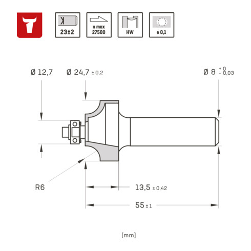 STIER Abrundfräser mit Kugellager HM (HW) Ø 24,7 mm, Radius 6 mm, Schaft- Ø 8 mm