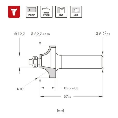 STIER Abrundfräser mit Kugellager HM (HW) Ø 32,7 mm, Radius 10 mm, Schaft- Ø 8 mm