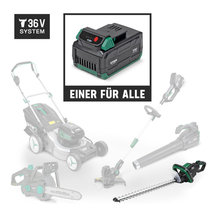 STIER Akku-Heckenschere SHS-54 + Akku, 36 V, 2,5 Ah + Schnellladegerät, 36 V, 3 A + gratis Akku