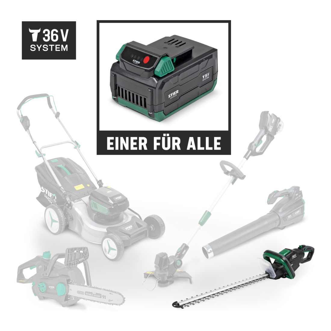 STIER Akku-Heckenschere SHS-54 + Akku, 36 V, 2,5 Ah + Schnellladegerät, 36 V, 3 A + gratis Akku