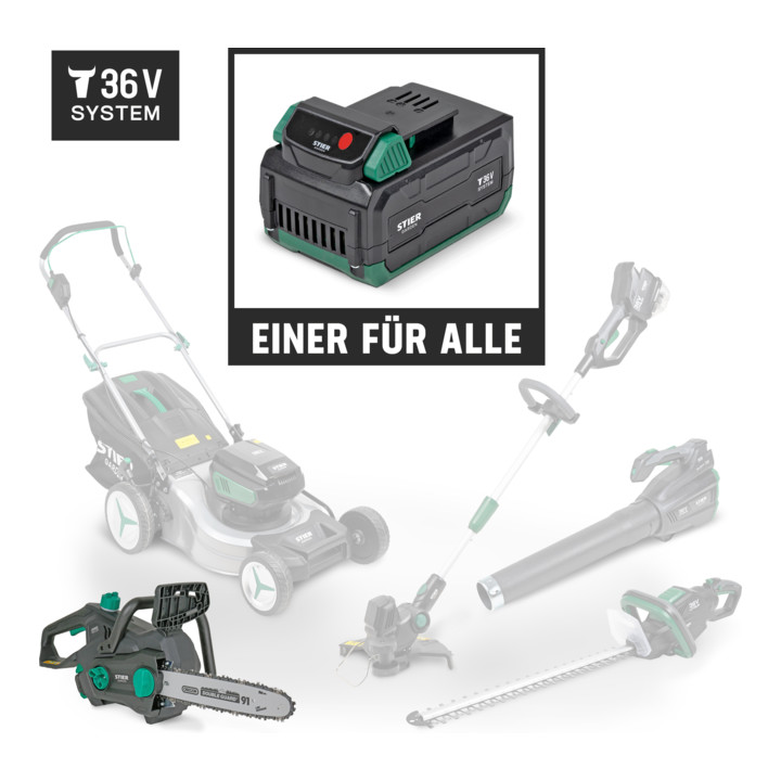 STIER Akku-Kettensäge 3611L 36V 30 cm + Akku 36V 2,5Ah + Schnellladegerät 36V 3A + gratis Akku