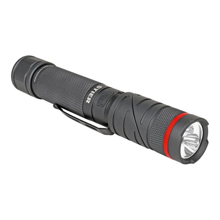 STIER Akku-LED-Taschenlampe 300 Lumen, UV-Licht 395 nm, drehbarer Kopf und Magnet