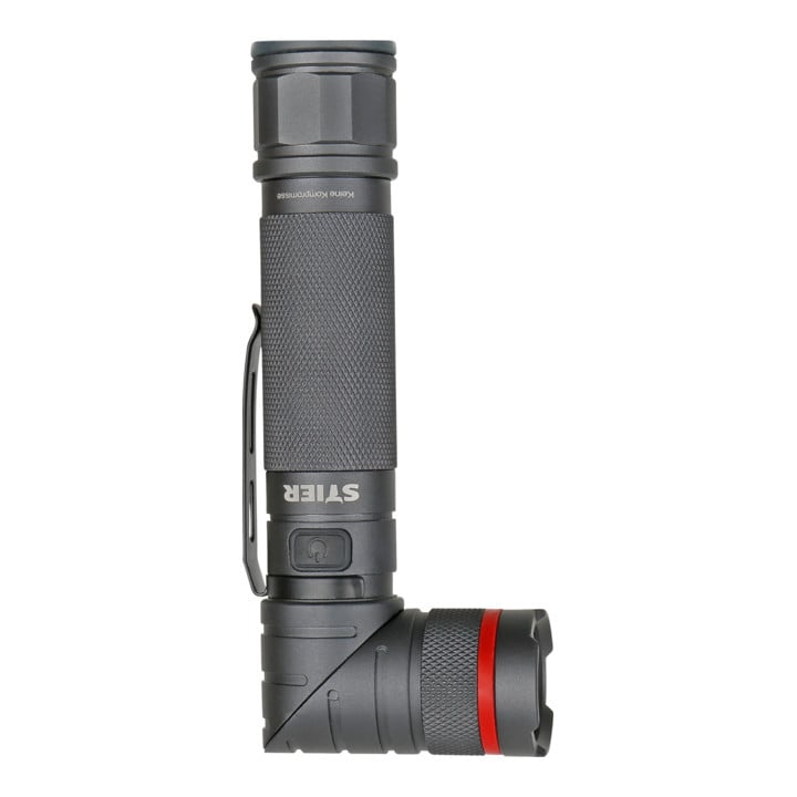 STIER Akku-LED-Taschenlampe 300 Lumen, UV-Licht 395 nm, drehbarer Kopf und Magnet