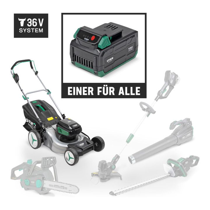 STIER Akku-Rasenmäher SRM-430 + 2 x 2,5-Ah-Akku + Schnellladegerät + gratis STIER Sonnenbrille